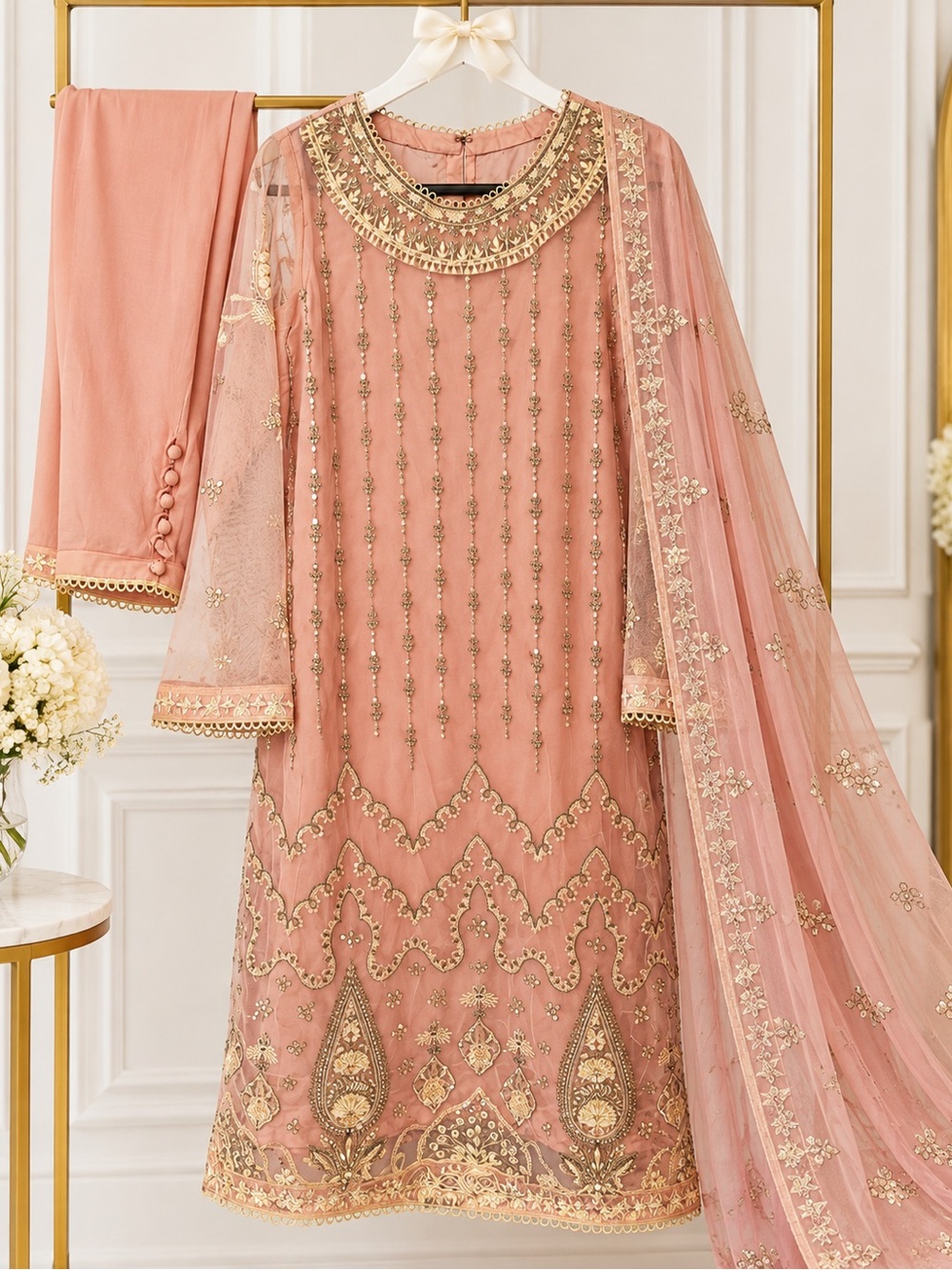 LUXURY SAPPHIRE EMBELLISHED FORMAL SET BLUSH PINK GOLD FORMAL WEDDING DRESS